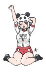  1girl acesrulez alternate_costume animal_ears black_footwear black_hair blue_eyes blush boots commentary_request giant_pangolin_(kemono_friends) gym_shorts gym_uniform kemono_friends multicolored_hair name_tag one_eye_closed open_mouth panda_ears panda_girl red_shorts shirt short_hair short_sleeves shorts sitting solo stretch t-shirt translation_request two-tone_hair white_hair white_shirt 