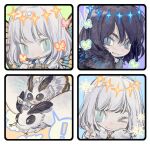  ! &gt;_o 1boy :3 aqua_eyes arthropod_boy bangs black_hair blue_eyes blush bug butterfly butterfly_wings chibi diamond_hairband fate/grand_order fate_(series) fur_trim grey_hair hairband insect_wings moth multiple_views oberon_(fate) one_eye_closed pan_(iway22) snowflakes spoken_exclamation_mark v wings 