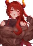  1girl bare_shoulders black_bow black_gloves black_shirt blush bow breasts brown_sweater dola_(nijisanji) gloves highres horns large_breasts long_hair looking_at_viewer meatn nijisanji open_mouth red_eyes redhead ribbed_sweater shirt sweater virtual_youtuber white_background 