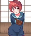  1girl :d api_peko arezu_(pokemon) arms_behind_back bangs blue_jacket blurry blurry_background blush breasts brown_bag collarbone commentary_request cowlick eyelashes highres jacket looking_at_viewer open_mouth pokemon pokemon_(game) pokemon_legends:_arceus red_eyes redhead shiny shiny_hair short_hair smile solo 