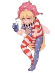  1girl american_flag_pants american_flag_shirt bangs blonde_hair blue_gloves breasts clownpiece doro_au eyebrows_visible_through_hair fairy_wings gloves hair_between_eyes hand_up hat highres jester_cap long_hair looking_at_viewer neck_ruff no_shoes open_mouth pants pink_eyes pink_headwear polka_dot red_gloves shirt short_sleeves simple_background small_breasts solo standing star_(symbol) star_print striped striped_gloves striped_pants striped_shirt sweat sweatdrop tears teeth touhou translation_request white_background white_gloves wings 