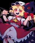  1girl ascot black_background blonde_hair bow collared_shirt cropped_legs crystal crystal_wings eyebrows_visible_through_hair fang flandre_scarlet frilled_shirt_collar frilled_skirt frilled_sleeves frills hat highres holding holding_weapon iganashi1 laevatein_(touhou) looking_at_viewer mob_cap open_mouth pointing pointing_at_self puffy_short_sleeves puffy_sleeves red_bow red_eyes red_skirt red_vest shirt short_hair short_sleeves simple_background skirt skirt_set slit_pupils solo teeth touhou vest weapon white_shirt wings wrist_cuffs yellow_ascot 