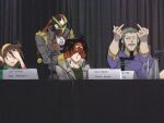  1girl 3boys bandana black_hair braid brothers brown_hair character_name choker commentary_request covering_face domon_kasshu double_middle_finger dougi earrings embarrassed english_text facial_hair g_gundam gloves grey_hair gundam hairband hands_up headband highres indoors jacket jewelry kyouji_kasshu long_hair male_focus mask master_asia microphone middle_finger multiple_boys mustache old old_man older parody press_conference rain_mikamura scar schwarz_bruder serious shirt short_hair siblings sitting tanakalma uniform 