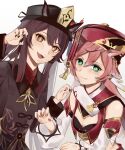  2girls :3 animal_ears antlers black_nails blush brown_hair chinese_clothes coat flat_chest flower genshin_impact green_eyes hat highres hu_tao_(genshin_impact) looking_at_viewer meron_no_amime multiple_girls open_mouth pink_hair plum_blossoms porkpie_hat scales top_hat white_background yanfei_(genshin_impact) 