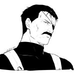  1boy 2022 closed_mouth dated eyepatch facial_hair frown fullmetal_alchemist greyscale highres looking_at_viewer male_focus mini_(pixiv6327751) monochrome mustache portrait short_hair sketch solo suspenders turtleneck wrath_(fma) 