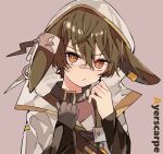  1boy animal_ears arknights ayerscarpe_(arknights) bandaid bandaid_on_face bandaid_on_nose bishounen brown_hair character_name choker gloves hand_up highres hood hoodie k_kakasi_e lightning_bolt_symbol looking_at_viewer male_focus orange_eyes rabbit_boy rabbit_ears simple_background solo 