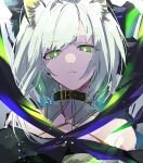 1girl animal_ear_fluff animal_ears arknights bright_pupils cat_ears commentary_request dress eyebrows_visible_through_hair frown green_dress green_eyes green_hair highres kal&#039;tsit_(arknights) looking_at_viewer looking_down mon3tr_(arknights) nekoma_hikaru oripathy_lesion_(arknights) short_hair upper_body white_pupils 
