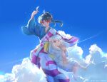  2girls bangs barefoot black_eyes black_hair blue_sky blunt_bangs clouds earrings eyebrows_visible_through_hair feathers flower hair_flower hair_ornament highres holding holding_feather inuyasha japanese_clothes jewelry kagura_(inuyasha) kanna_(inuyasha) kimono long_hair long_sleeves multicolored_clothes multicolored_kimono multiple_girls pointy_ears ponytail red_eyes sky tomo-alice white_hair white_kimono wide_sleeves 