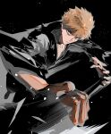  1boy black_background bleach brown_hair closed_mouth cofffee collarbone hair_between_eyes hatching_(texture) holding holding_sword holding_weapon kurosaki_ichigo light_brown_hair long_sleeves male_focus motion_lines orange_eyes simple_background solo speed_lines sword torn torn_clothes weapon wide_sleeves 