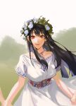  1girl alternate_costume alternate_hairstyle black_hair breasts dress earrings floating_hair flower head_wreath highres holding_hands jewelry long_hair looking_at_viewer open_mouth qksas3 red_eyes short_sleeves smile solo spy_x_family white_dress yor_briar 