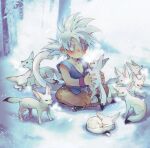  1boy 6+others animal dragon_ball dragon_ball_gt eyebrows_visible_through_hair fox hano_(hanos91) holding holding_animal looking_at_another male_child male_focus multiple_others muscular_child on_floor outdoors snow snowflakes snowing solo son_goku spiky_hair symbol-only_commentary white_hair white_tail winter 