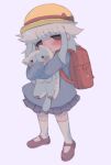  1girl backpack bag bangs blue_background blue_sweater blush bow brown_eyes brown_footwear commentary crossed_arms english_commentary female_child flat_chest full_body half-closed_eyes hat hat_bow highres holding holding_stuffed_toy idoru kneehighs long_hair long_sleeves looking_at_viewer miniskirt object_hug open_mouth original pleated_skirt purple_skirt randoseru red_bow sad shoes sidelocks simple_background skirt solo standing stuffed_animal stuffed_cat stuffed_toy sweater tears white_hair white_legwear x_x yellow_headwear 