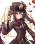  1girl absurdres black_nails blush brown_hair chinese_clothes coat eyebrows_visible_through_hair flower flower-shaped_pupils genshin_impact ghost hat hayaku_koko highres hu_tao_(genshin_impact) looking_at_viewer plum_blossoms porkpie_hat simple_background symbol-shaped_pupils twintails white_background 