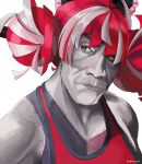  1girl alma_(crippling_mark) black_bow bow colored_skin double_bun fusion grey_hair grey_skin hair_bow hair_bun heterochromia highres hololive hololive_indonesia kureiji_ollie looking_to_the_side meme muscular muscular_female pink_hair portrait red_eyes red_tank_top solo tank_top the_rock&#039;s_eyebrow_raise_(meme) the_rock_(dwayne_johnson) vine_boom_(meme) virtual_youtuber white_background yellow_eyes zombie 