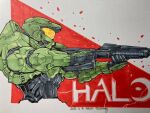  1boy artist_name assault_rifle bullpup copyright_name dated from_side gun halo_(series) holding holding_gun holding_weapon ma5 male_focus master_chief power_armor rifle solo spartan_(halo) traditional_media tsushima_naoto visor weapon 