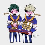  2boys anna_(aannnaa3) bakugou_katsuki blonde_hair blue_pants blue_sweater blush boku_no_hero_academia character_name character_print closed_mouth colored_skin commentary cropped_legs facing_viewer freckles green_hair grey_background happy highres long_sleeves male_focus midoriya_izuku multiple_boys open_mouth pants pink_skin print_sweater red_eyes romaji_text short_hair simple_background smile spiky_hair standing sweater 