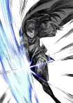  1girl bangs cape fingerless_gloves fire_emblem fire_emblem_awakening gloves hair_between_eyes highres holding holding_sword holding_weapon leg_up long_hair looking_at_viewer lucina_(fire_emblem) monochrome open_mouth solo sword symbol_in_eye teeth tiara weapon yourfreakyneighbourh 