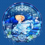  1girl blonde_hair blue_dress blue_eyes carriage castle chandelier cinderella cinderella_(disney) clock dress glass_slipper high_heels long_hair running shoes solo stairs starry_sky_print subaru_(jack) 