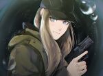  1girl artist_request blonde_hair blue_eyes gun hat highres jacket long_hair looking_at_viewer resident_evil resident_evil_village rosemary_winters simple_background smile upper_body water weapon 