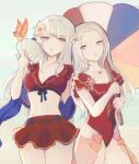  2girls absurdres bangs bikini bird blue_eyes blush breasts ciarre edelgard_von_hresvelg fire_emblem fire_emblem:_radiant_dawn fire_emblem:_three_houses fire_emblem_heroes hair_ornament hair_ribbon highres long_hair looking_at_viewer micaiah_(fire_emblem) multiple_girls ribbon simple_background swimsuit violet_eyes white_hair yellow_eyes yune_(fire_emblem) 