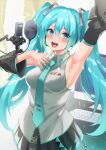  1girl aqua_eyes aqua_hair aqua_necktie arm_up armpits breasts computer detached_sleeves grey_shirt hatsune_miku highres inue_ao long_hair looking_at_viewer microphone necktie open_mouth shirt skirt sleeveless smile solo twintails very_long_hair vocaloid 
