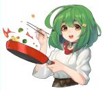 1girl ahoge breasts buttons choker chopsticks collared_shirt cooking cropped_legs emphasis_lines eyes_visible_through_hair flipping_food flower food frying_pan green_hair hair_between_eyes hair_flower hair_ornament hairpin holding holding_chopsticks holding_frying_pan looking_at_viewer medium_breasts open_mouth original rang_go shirt short_sleeves solo teeth thick_eyebrows upper_teeth white_background yellow_eyes 