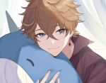  1boy artist_name bangs bishounen blue_eyes earrings eyebrows_visible_through_hair genshin_impact holding jewelry looking_at_viewer male_focus miz_003 narwhal orange_hair short_hair smile solo stuffed_animal stuffed_toy tartaglia_(genshin_impact) upper_body 