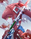  1girl blue_sash closed_mouth colored_skin fins fish fish_girl hair_ornament highres jewelry kuroitubu looking_at_viewer mipha monster_girl multicolored_skin no_eyebrows polearm red_skin redhead sash smile solo the_legend_of_zelda the_legend_of_zelda:_breath_of_the_wild trident water_drop weapon white_skin yellow_eyes zora 