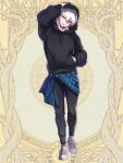  androgynous arm_up black_hoodie black_pants facial_mark full_body hand_in_pocket hand_on_own_head hood hoodie long_sleeves medium_hair morino_bambi open_mouth pandora_party_project pants shoes sneakers solo white_footwear white_hair yellow_background yellow_eyes 