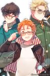  3boys =_= alternate_costume alternate_hairstyle arm_behind_head axis_powers_hetalia bespectacled black_coat blue_coat blue_eyes brown_eyes cioccolatodorima coat curly_hair germany_(hetalia) glasses green_coat hair_slicked_back hand_on_own_chin himaruya_hidekazu_(style) japan_(hetalia) looking_ahead looking_at_viewer male_focus multiple_boys northern_italy_(hetalia) official_style one_eye_closed open_clothes open_coat open_mouth pointing pointing_at_self short_hair sideburns smile striped_clothes sunglasses 