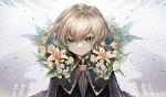  1boy androgynous blonde_hair cape closed_mouth colored_eyelashes fantasy floral_background flower green_eyes highres long_sleeves looking_at_viewer male_focus original rekiseigoat short_hair solo tree white_background 