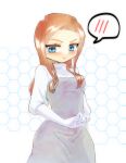  1girl animification apex_legends ashleigh_reid blue_eyes blush breasts brown_hair commentary_request dress gloves grey_dress highres long_hair looking_down medium_breasts sacchan_(sacchan_18) solo speech_bubble v-shaped_eyebrows white_gloves 