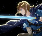  1boy bangs belt black_background blonde_hair blue_eyes blue_tunic earrings from_side highres holding holding_sword holding_weapon jewelry kuroitubu link low_ponytail male_focus master_sword parted_lips pointy_ears profile short_hair shoulder_belt solo sword the_legend_of_zelda the_legend_of_zelda:_breath_of_the_wild weapon 
