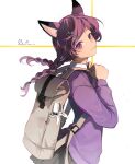  1girl :3 animal_ears backpack bag bangs blush braid cat_hair_ornament dated eden_(eden871225) fox_ears fox_girl from_side hair_ornament hairclip hands_up highres holding_strap long_sleeves looking_at_viewer original parted_bangs pleated_skirt purple_hair school_uniform signature skirt slit_pupils smile solo twin_braids umbrella violet_eyes 