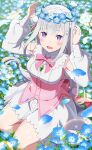  1girl bare_shoulders blue_flower bow breasts bubble_blowing dress dress_bow elf emilia_(re:zero) flower flower_wreath gem head_wreath highres long_hair long_sleeves looking_at_viewer medium_breasts official_alternate_costume official_art open_mouth petals pointy_ears re:zero_kara_hajimeru_isekai_seikatsu re:zero_kara_hajimeru_isekai_seikatsu:_lost_in_memories smile violet_eyes white_dress white_hair 