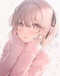  1girl 6u_(eternal_land) black_ribbon blush brown_eyes brown_hair flying_sweatdrops hair_intakes hair_ribbon hands_on_own_cheeks hands_on_own_face looking_at_viewer original pink_sweater ribbon solo sweater symbol-only_commentary twitter_username two_side_up water_drop 