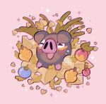  :d berry_(pokemon) blush_stickers closed_eyes commentary happy leaphere lechonk no_humans open_mouth oran_berry pink_background pokemon pokemon_(creature) sitrus_berry smile solo sparkle tongue watermark 