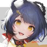  1girl :d artist_name blue_hair blush border braid commentary commentary_request face genshin_impact grey_background hair_ornament hair_rings looking_at_viewer open_mouth portrait sencha_(senchat) short_hair signature smile solo teeth upper_teeth white_border xiangling_(genshin_impact) yellow_eyes 