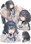  ... 1girl :t absurdres adjusting_hair black_hair blue_archive blue_neckerchief blush cardigan closed_eyes hairband highres kilabo long_hair multiple_views neckerchief open_mouth sailor_collar simple_background solo ui_(blue_archive) white_background 