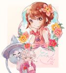  1boy 1girl arm_support bede_(pokemon) blush curly_hair flower gloria_(pokemon) hair_flower hair_ornament hatterene jewelry looking_at_viewer necklace official_alternate_costume pink_flower pokemon pokemon_(creature) pokemon_(game) pokemon_masters_ex pokemon_swsh red_flower rotom rotom_phone scrunchie smile sparkle v-shaped_eyebrows wrist_scrunchie yellow_flower zzzpani 