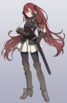  1girl absurdres armor asao_(vc) bangs boots brown_footwear brown_gloves fire_emblem fire_emblem_fates full_body gambeson gloves hair_between_eyes highres knee_boots long_hair red_eyes redhead severa_(fire_emblem) sheath sheathed shoulder_armor solo sword twintails weapon 