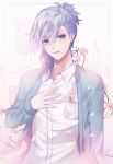  1boy absurdres android asymmetrical_hair bangs blue_eyes blue_jacket cardiogram cherry_blossoms collared_shirt falling_petals flower_in_pocket framed hair_between_eyes hand_on_own_chest hasu_(selisa) highres jacket light_blue_hair looking_at_viewer male_focus medium_hair mikaze_ai open_collar parted_bangs petals shirt short_ponytail smile solo tube upper_body uta_no_prince-sama white_background white_shirt 