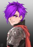  1boy armor artist_request cape fire_emblem fire_emblem:_three_houses fire_emblem_warriors:_three_hopes hair_over_one_eye highres looking_at_viewer medium_hair purple_hair shez_(fire_emblem) shez_(fire_emblem)_(male) short_hair simple_background smile violet_eyes 