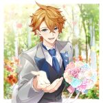  1boy bangs beckoning black_best blue_eyes blue_necktie blush bouquet formal genshin_impact grey_suit hair_between_eyes highres holding holding_bouquet leaning_forward long_hair male_focus mmmgnsn necktie orange_hair outstretched_hand reaching_out solo suit tartaglia_(genshin_impact) upper_body 