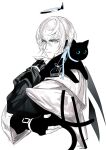  1boy 1girl arknights bishounen black_cat blue_eyes blue_ribbon cat christine_(arknights) executor_(arknights) halo highres holding id_card male_focus mechanical_halo pienahenggou ribbon short_hair simple_background solo_focus white_background white_hair 