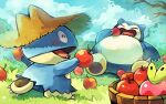  ^_^ apple applin blush brown_headwear closed_eyes clouds commentary_request day eating evolutionary_line fangs food fruit grass hat hatted_pokemon holding holding_food holding_fruit munchlax no_humans open_mouth outdoors pokemon pokemon_(creature) sky snorlax toneko tongue 
