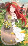  1boy 1girl bare_shoulders blush bouquet bow breasts bride brown_hair dress dress_bow flower flower_wreath full_body head_wreath highres holding holding_bouquet long_hair long_sleeves medium_breasts official_alternate_costume official_art outdoors petals re:zero_kara_hajimeru_isekai_seikatsu re:zero_kara_hajimeru_isekai_seikatsu:_lost_in_memories redhead rose smile theresia_van_astrea two_side_up white_dress white_flower white_rose wilhelm_(re:zero) yellow_bow yellow_flower yellow_rose 