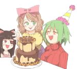  3girls animal_ears birthday birthday_cake black_hair blush bow breasts brown_hair cake camisole candle cat_ears child closed_eyes english_commentary eyebrows_visible_through_hair eyepatch fang flat_chest food green_eyes green_hair hair_bow hair_ribbon haruka_(senran_kagura) hikage_(senran_kagura) inkerton-kun large_breasts long_hair mirai_(senran_kagura) multiple_girls purple_skirt red_eyes ribbon senran_kagura short_hair skirt smile sweater 