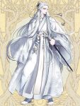  1boy bishounen dairoku_ryouhei full_body holding holding_weapon japanese_clothes kimono long_hair long_sleeves morino_bambi pale_skin print_kimono solo very_long_hair weapon white_footwear white_kimono wide_sleeves yellow_background 