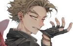  1boy biting blonde_hair boku_no_hero_academia bracelet ear_piercing earrings english_commentary face facial_hair facial_mark feathered_wings feathers fingerless_gloves forked_eyebrows glove_biting gloves goatee hawks_(boku_no_hero_academia) jacket jewelry kadeart long_eyebrows looking_afar male_focus piercing portrait red_feathers red_wings short_hair solo stubble stud_earrings teeth_hold thick_eyebrows twitter_username wings yellow_eyes 